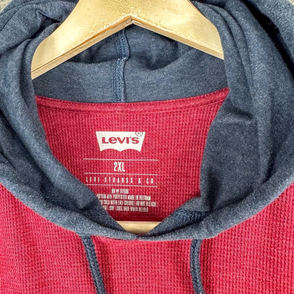 Levis Hoodie Mens 2XL Red Blue Pullover Raglan Long Sleeve Hooded Sweatshirt‎